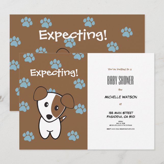 Super Cute Brown and Blue Terrier Baby Shower Invitation (Front/Back)