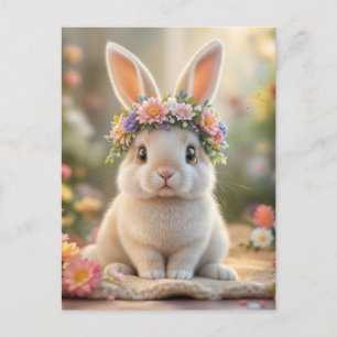Super cute bunny with a flower wreath on its head holiday postcard