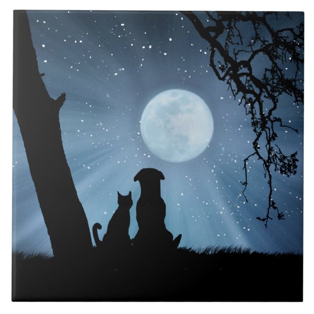 Super cute Dog and Cat with Moon Art Tile (Front)