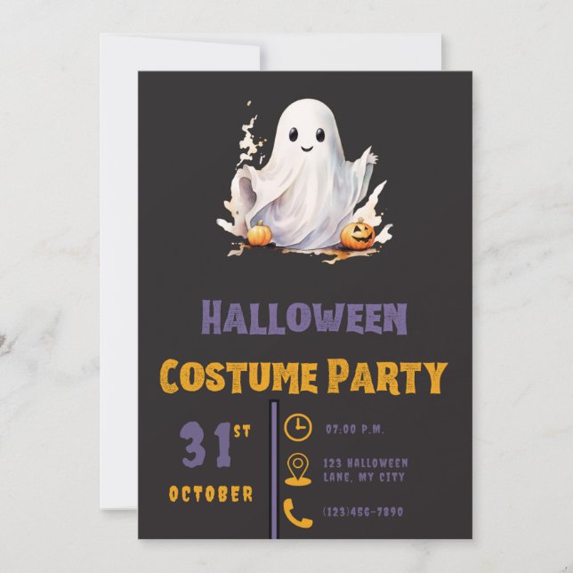 Super Cute Ghost Modern Black Halloween Invitation (Front)