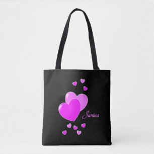 Super Cute Girly Black And Pink Hearts Custom Name Tote Bag