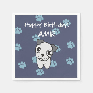 Super Cute Grey and Blue Bulldog Birthday Napkin