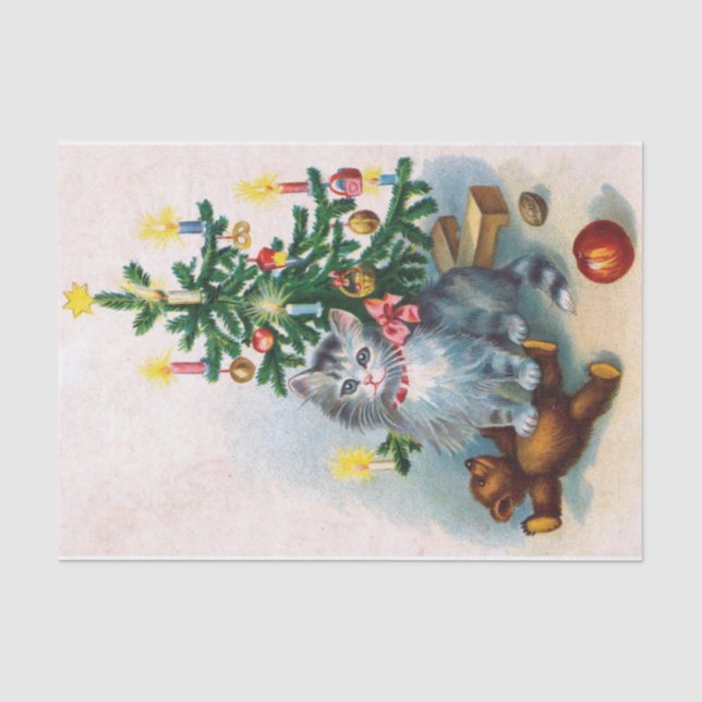Super Cute Grey Christmas Kitten Decorated Tree Tissue Paper (Front)