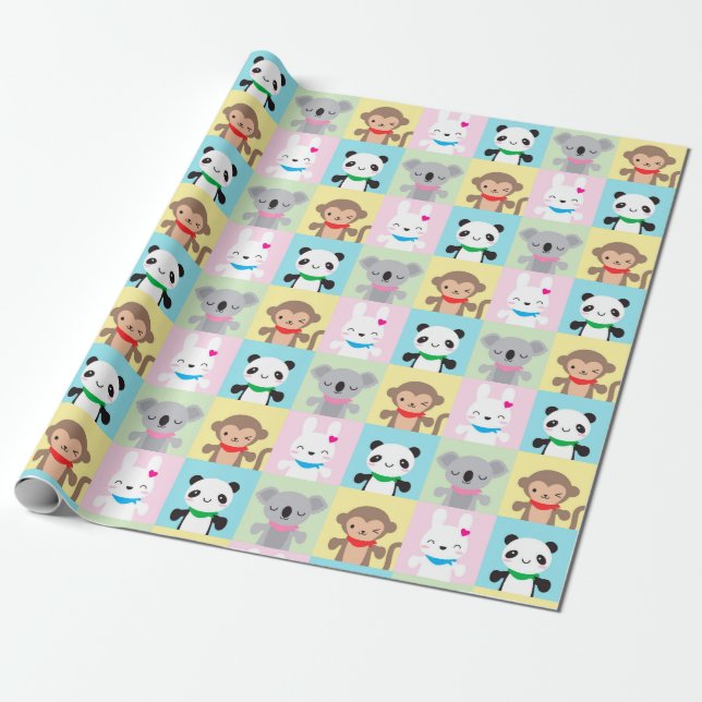 Super Cute Kawaii Animal Mascots Wrapping Paper (Unrolled)