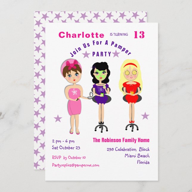 Super Cute Pamper Party Girls  Birthday Invites (Front/Back)