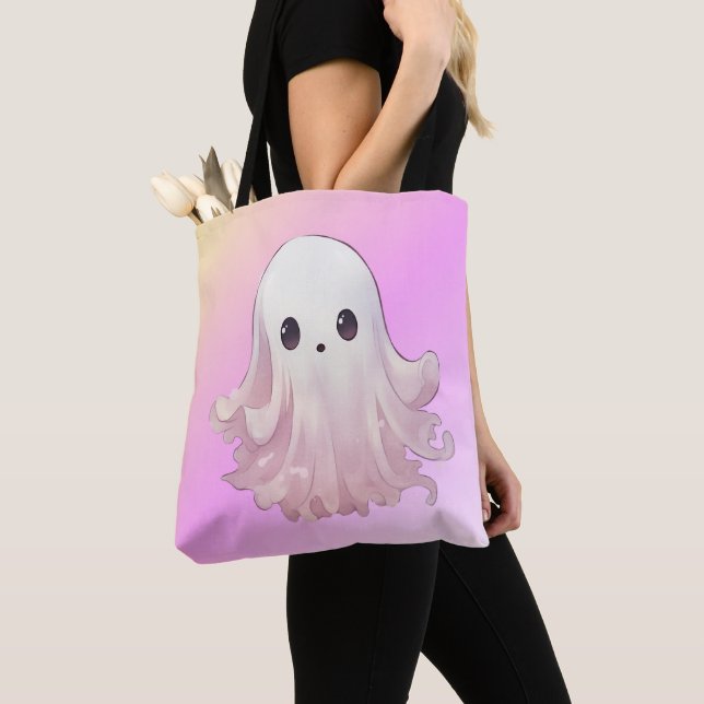 Super Cute Pink Ghost Halloween Tote Bag (Close Up)