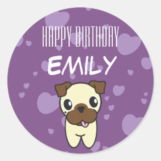 Super Cute Pug Purple Heart Design Classic Round Sticker