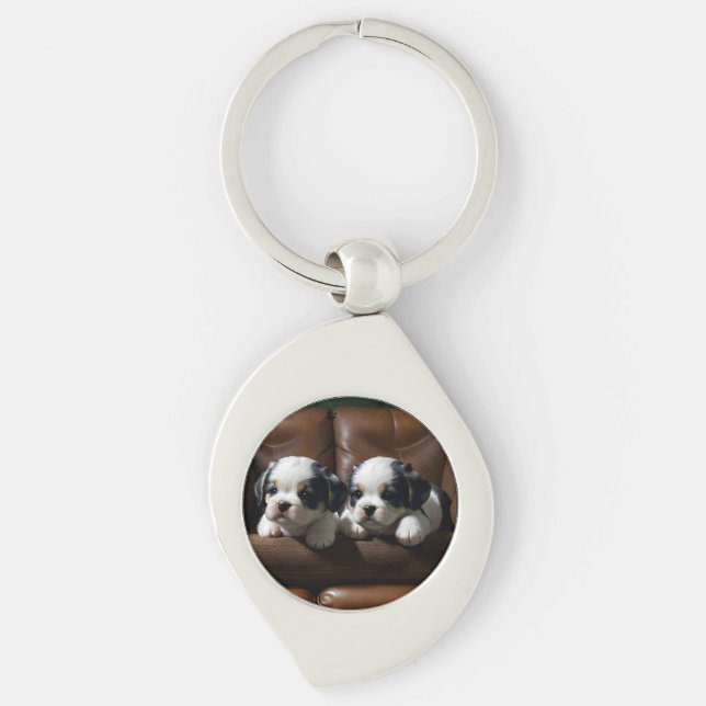 Super Cute Puppies on the Couch 1 Key Ring (Front)