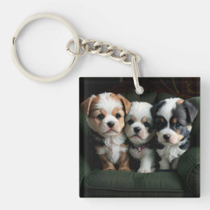 Super Cute Puppies on the Couch 2 Key Ring