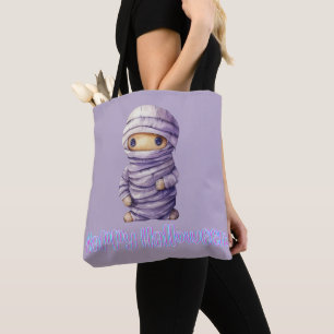 Super Cute Purple and White Mummy Happy Halloween Tote Bag