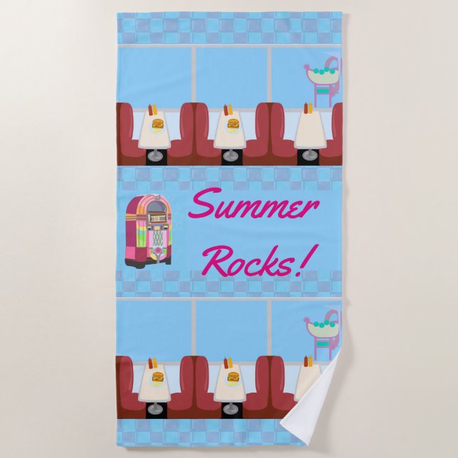 Super Cute Retro Diner Fun Fifties Design Beach Towel (Front)