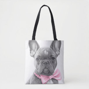 Super cute Sketch Frenchie puppy with pink bow Tote Bag