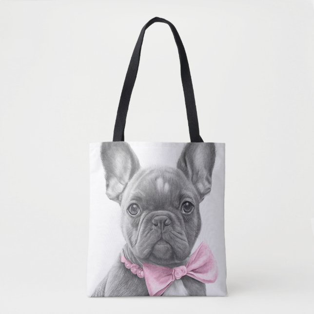 Super cute Sketch Frenchie puppy with pink bow Tote Bag (Front)