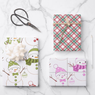 Super Cute Snowman and Holiday Plaid Christmas Wrapping Paper Sheet