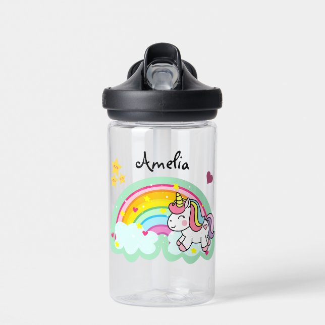 Super Cute Unicorn and Rainbow Personalised Water Bottle (Front)