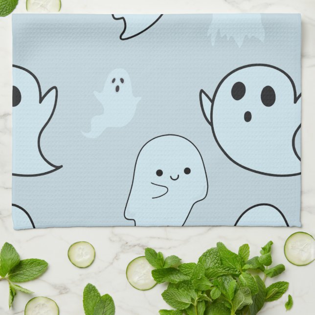 Super Cute White Ghosts Green Halloween Tea Towel (Folded)