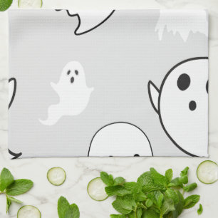 Super Cute White Ghosts Light Grey Halloween Tea Towel