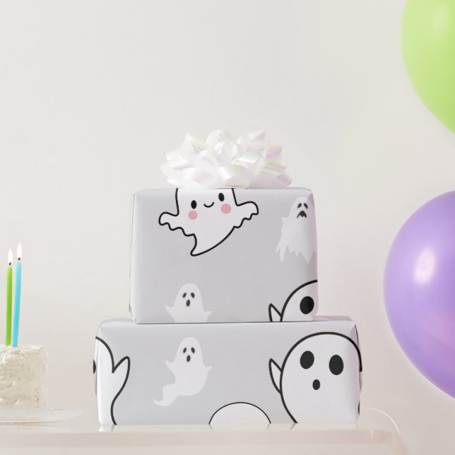 Super Cute White Ghosts Light Grey Halloween Wrapping Paper (Party Gifts)