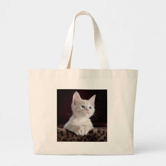 Super Cute White Kitten Large Tote Bag (Front)