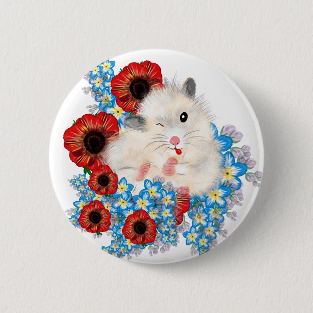Super cute white sable syrian hamster in flowers 6 cm round badge (Front)