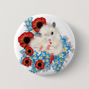 Super cute white sable syrian hamster in flowers 6 cm round badge
