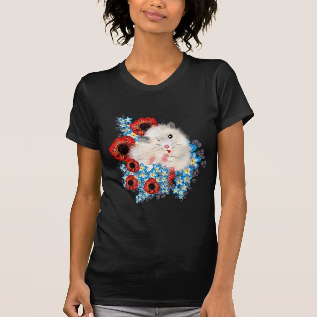 Super cute white sable syrian hamster in flowers T-Shirt (Front)