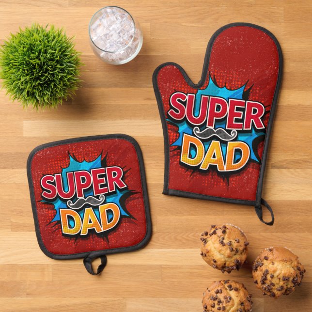 Super Dad Moustache Modern Grunge Oven Mitt & Pot Holder Set (Top Down)