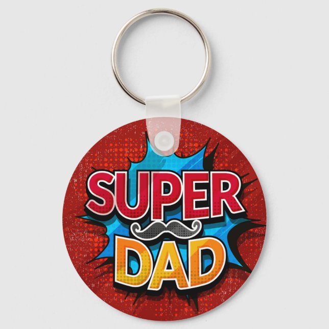 Super Dad Moustache Retro Comic Grunge Key Ring (Front)