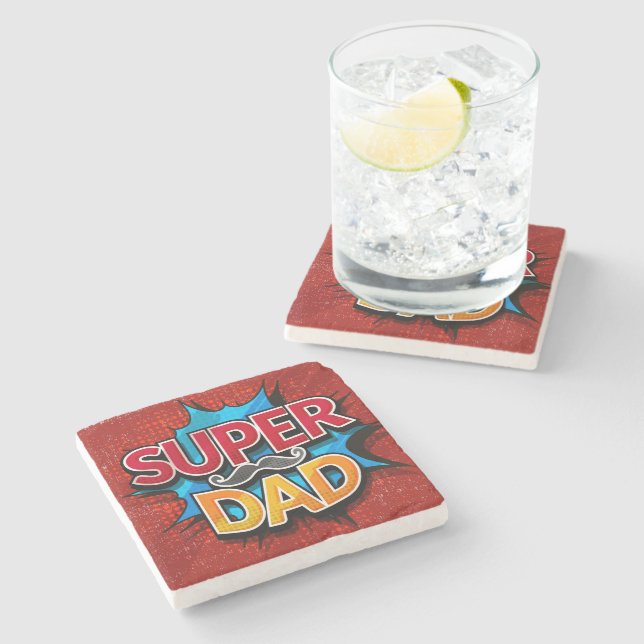 Super Dad Moustache Retro Comic Grunge Stone Coaster (Side)