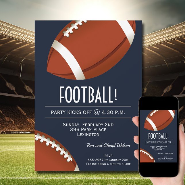 Super Fan Football Game Navy Blue Party Invitation (Order INSTANT DOWNLOAD to send digitally or PRINTED cards to mail or both!
)