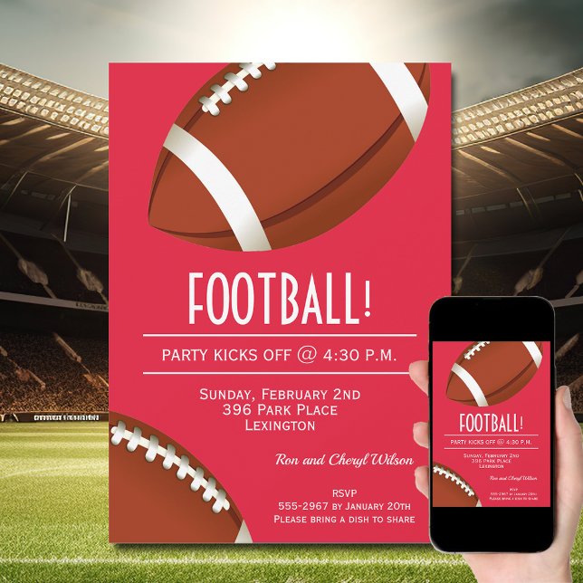 Super Fan Football Game Red Party Invitation (Order INSTANT DOWNLOAD to send digitally or PRINTED cards to mail or both!)