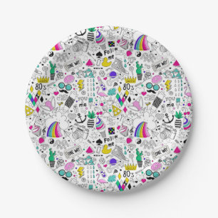 Super Fun Black White Rainbow 80s Sketch Cartoon Paper Plate