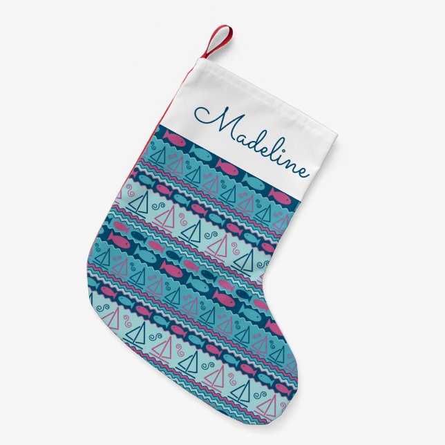 Super Fun Fish And Sailboat Pattern | Add Your Nam Small Christmas Stocking (Front (Hanging))