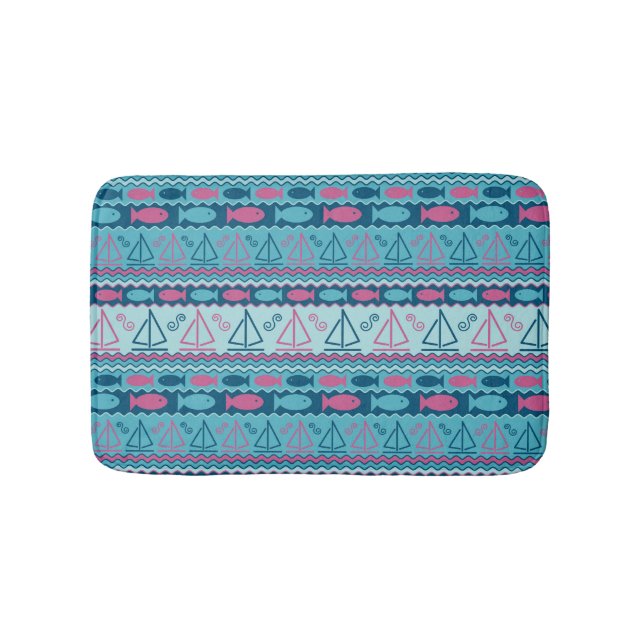Super Fun Fish And Sailboat Pattern Bath Mat (Front)