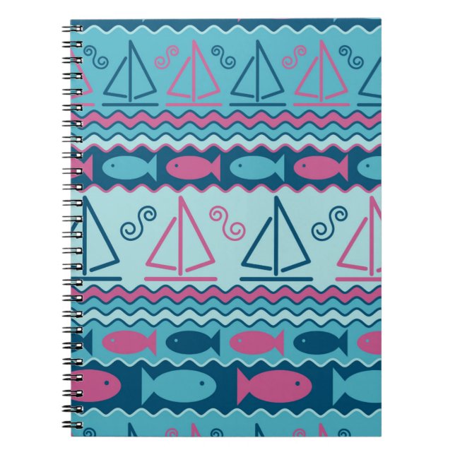 Super Fun Fish And Sailboat Pattern Spiral Notebook (Front)