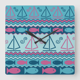 Super Fun Fish And Sailboat Pattern Square Wall Clock