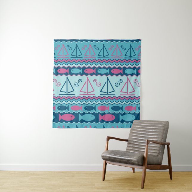 Super Fun Fish And Sailboat Pattern Tapestry (In Situ (Horizontal))
