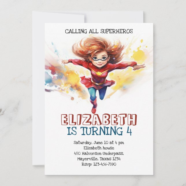 Super girl watercolor kids birthday invite (Front)