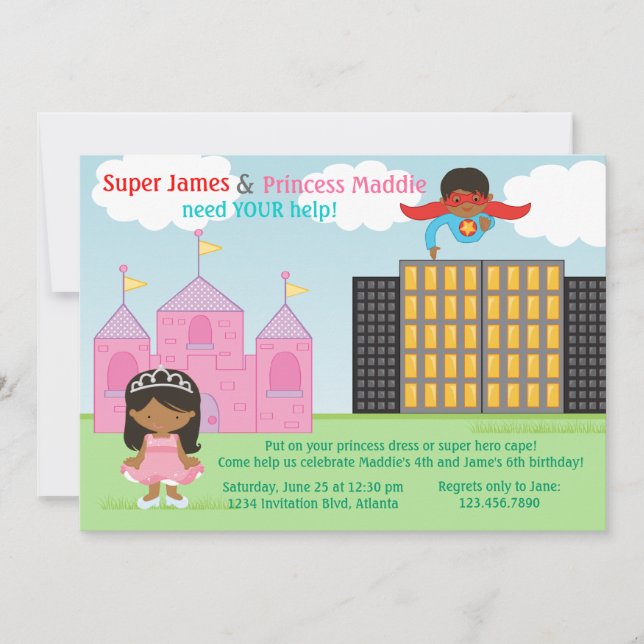 Super Hero and Princess Twins Joint Birthday Party Invitation (Front)