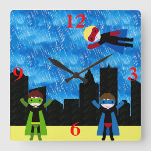 Super Hero Boys Bithday Party Square Wall Clock
