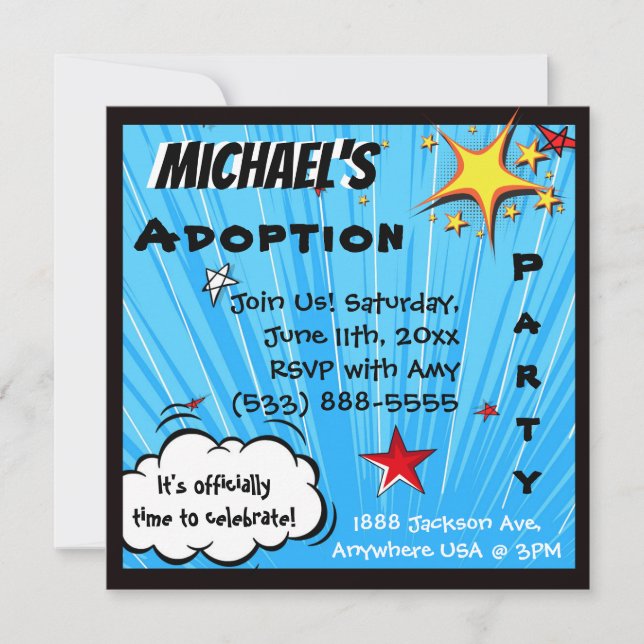 Super Hero Comic Book Adoption Party Invitation (Front)
