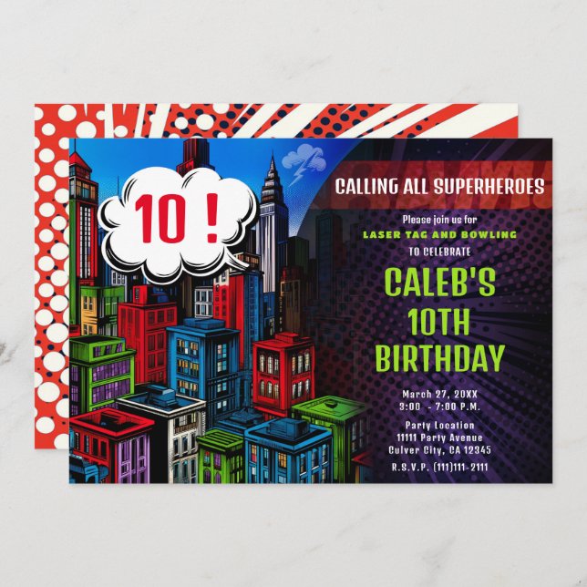 Super Hero Comic Book City Birthday Party Invitation (Front/Back)