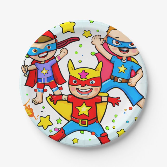 Super Hero Kids Themed Birthday Party Paper Plate (Front)