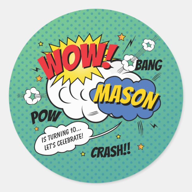 Super Heroes and Villains Kid's Birthday Party Classic Round Sticker (Front)