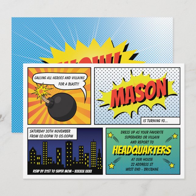 Super Heroes and Villains Kid's Birthday Party Invitation (Front/Back)