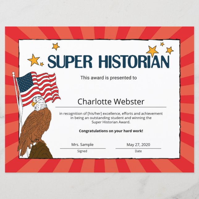 Super Historian Student Recognition Certificates (Front)