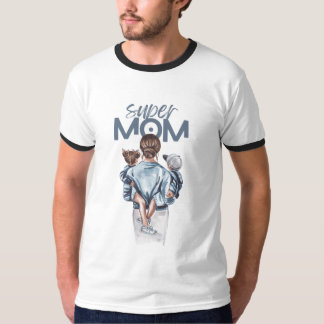 Super Mom Blue Watercolor Mother and Children Art T-Shirt