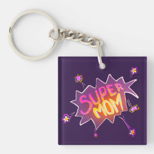 Super Mom Neon Flower Comic Bubble Drawing Key Ring