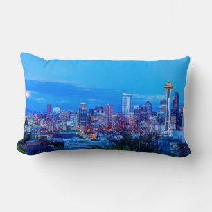 Super Moon rising near Seattle skyline Lumbar Cushion