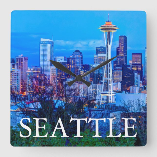 Super Moon rising near Seattle skyline Square Wall Clock (Front)